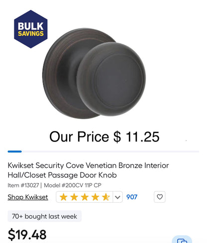 Kwikset Security Cove Venetian Bronze Interior
Hall/Closet Passage Door Knob