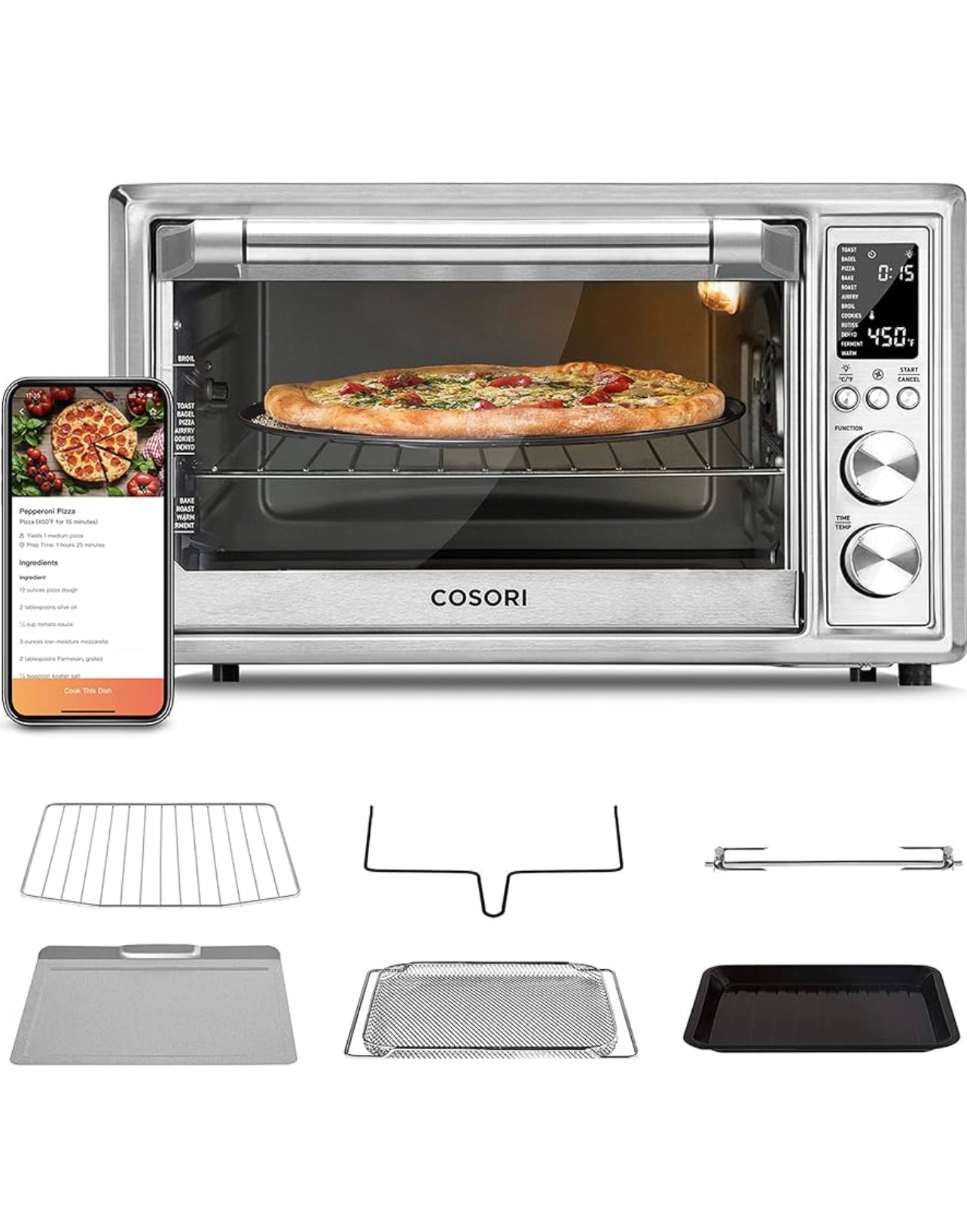 COSORI Smart 12-in-1 Air Fryer Toaster Oven Combo Convection Rotisserie & Dehydrator for Chicken, Pizza and Cookies, Recipe&Accessories Included, 30L, Silver – A Certified for Humans Device