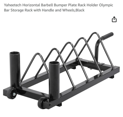 Yaheetech Horizontal Barbell Bumper Plate Rack Holder
Olympic Bar Storage Rack with Handle and Wheels, Black