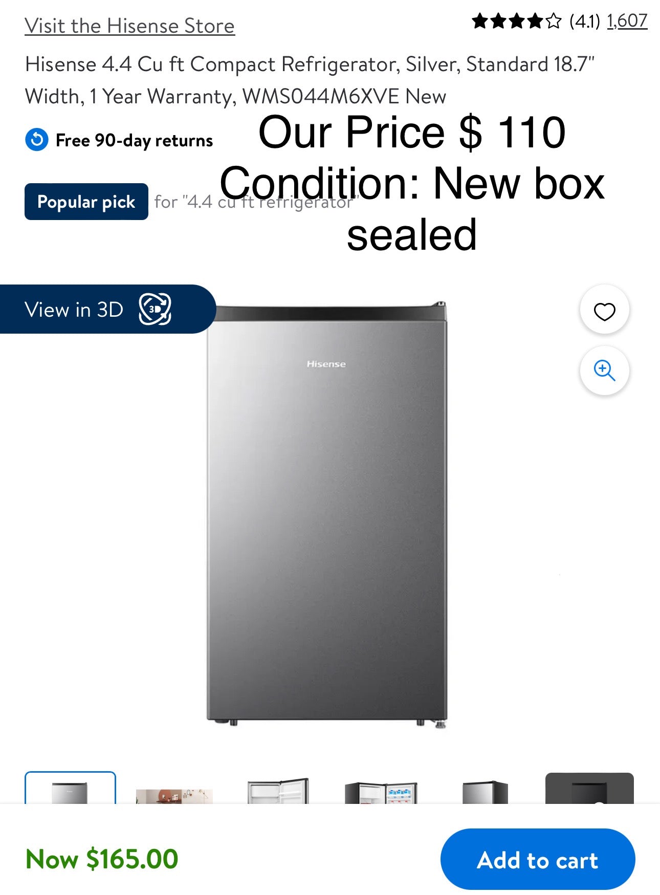 Hisense 4.4 Cu ft Compact Refrigerator, Silver, Standard 18.7" Width, 1 Year Warranty, WMS044M6XVE New