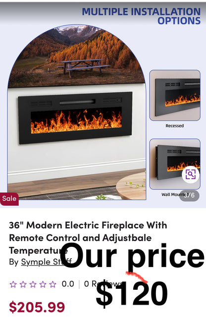 36" Modern Electric Fireplace With Remote Control and Adjustbale