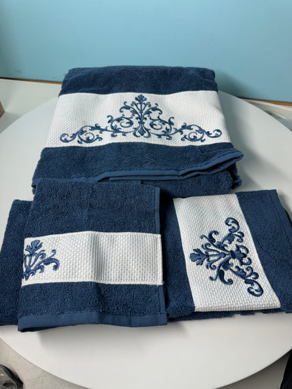 Authentic Hotel and Spa Midnight Blue Turkish Cotton Scrollwork Embroidered 3 piece Towel Set