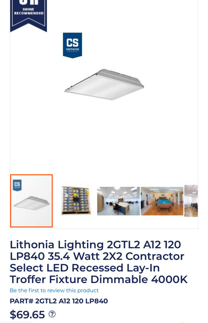 Lithonia Lighting 2GTL2 A12 120 LP840 35.4 Watt 2X2 Contractor Select LED Recessed Lay-In Troffer Fixture Dimmable 4000K