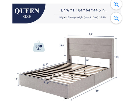 Allewie Queen Size Lift up Hydraulic Platform Storage Bed Frame with Fabric Channel Wingback Headboard, Light Beige