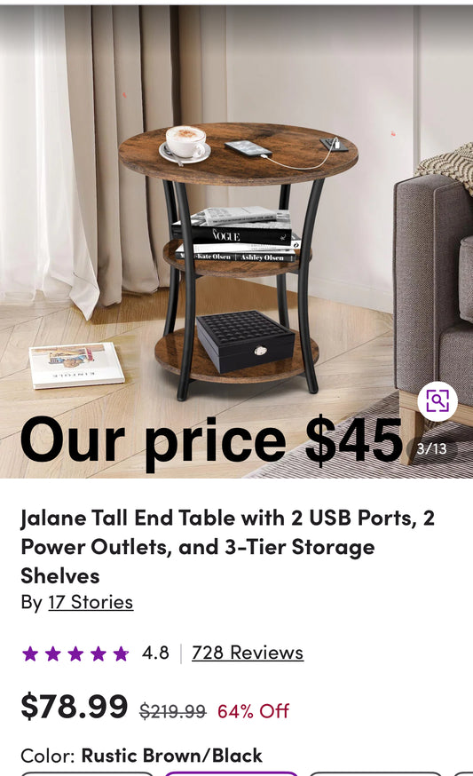 Jalane Tall End Table with 2 USB Ports, 2 Power Outlets, and 3-Tier Storage Shelves