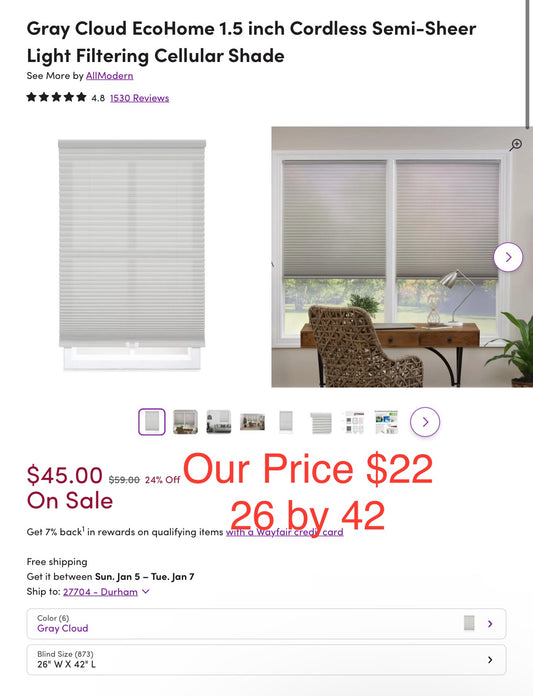 Gray Cloud EcoHome 1.5 inch Cordless Semi-Sheer
Light Filtering Cellular Shade