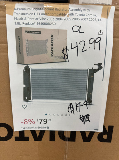 A-Premium Engine Coolant Radiator Assembly with Transmission Oil Cooler Compatible with Toyota Corolla, Matrix & Pontiac Vibe 2003 2004 2005 2006 2007 2008, L4
1.8L, Replace# 164000D230