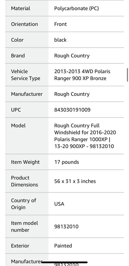 Rough Country Full Windshield for Polaris Ranger XP
1000-98132010