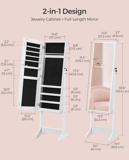 SONGMICS Mirror Jewelry Cabinet Armoire, Standing Full-Length Mirror, Lockable Jewelry Organizer, Chirstmas Gifts, White Surface and Black Lining UJJC69WT