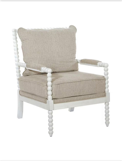 OSP Home Furnishings Kaylee Spindle Accent Chair with Antique White Wood Frame, Beige Linen Fabric