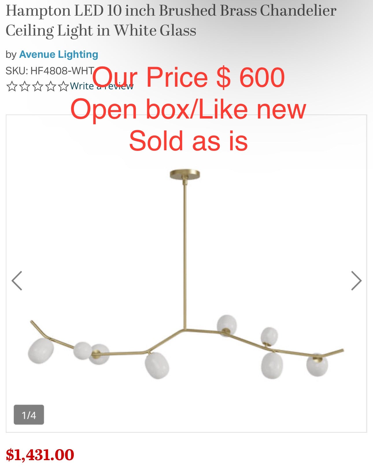 Hampton LED 10 inch Brushed Brass Chandelier
Ceiling Light in White Glass