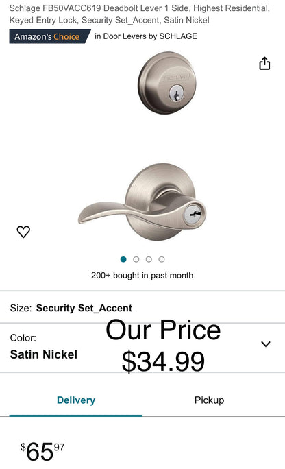 Schlage FB50VACC619 Deadbolt Lever 1 Side, Highest Residential, Keyed Entry Lock, Security Set_Accent, Satin Nickel