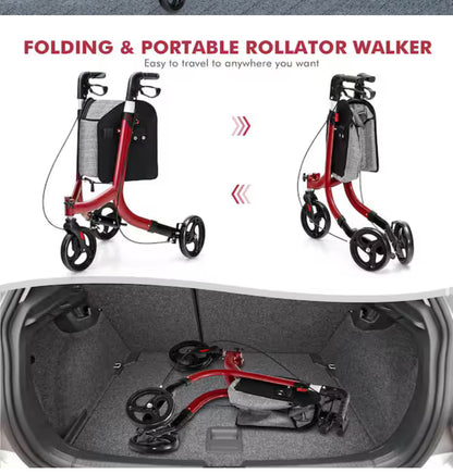 3-Wheel Rolling Walker Folding Rollator Walker with 8 in. Wheels Red