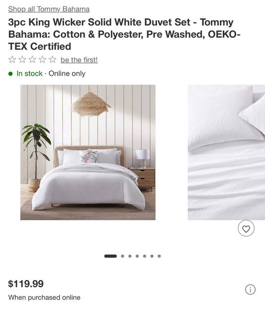 3pc King Wicker Solid White Duvet Set - Tommy Bahama: Cotton & Polyester, Pre Washed, OEKO-TEX Certified