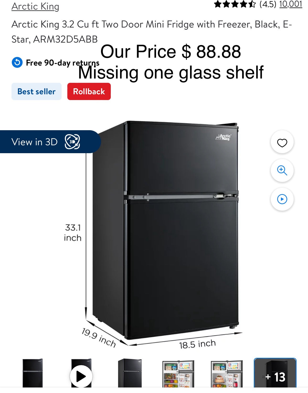 Arctic King 3.2 Cu ft Two Door Mini Fridge with Freezer, Black, E-Star, ARM32D5ABB