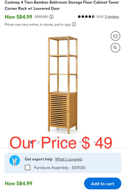 Costway 4 Tiers Bamboo Bathroom Storage Floor Cabinet Tower Corner Rack w/ Louvered Door