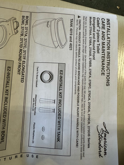 American Standard - 2 piece toilet cadet Tank 4019 and 4021