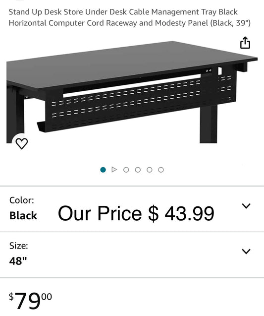 Stand Up Desk Store Under Desk Cable Management Tray Black Horizontal Computer Cord Raceway and Modesty Panel (Black, 39")