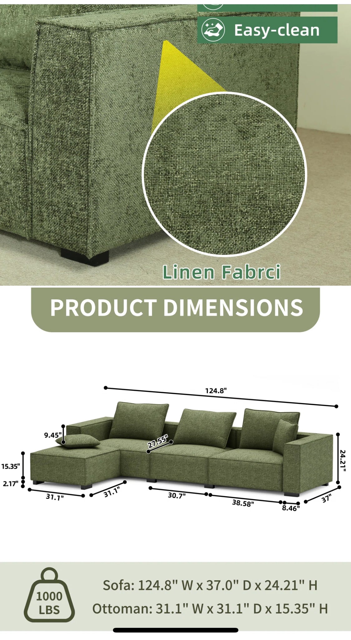 Kerens Luxe Modular Sectional Sofa Set
- Modern L-Shaped Couch with Ottoman, Linen-Like Fabric in Green/ Blue