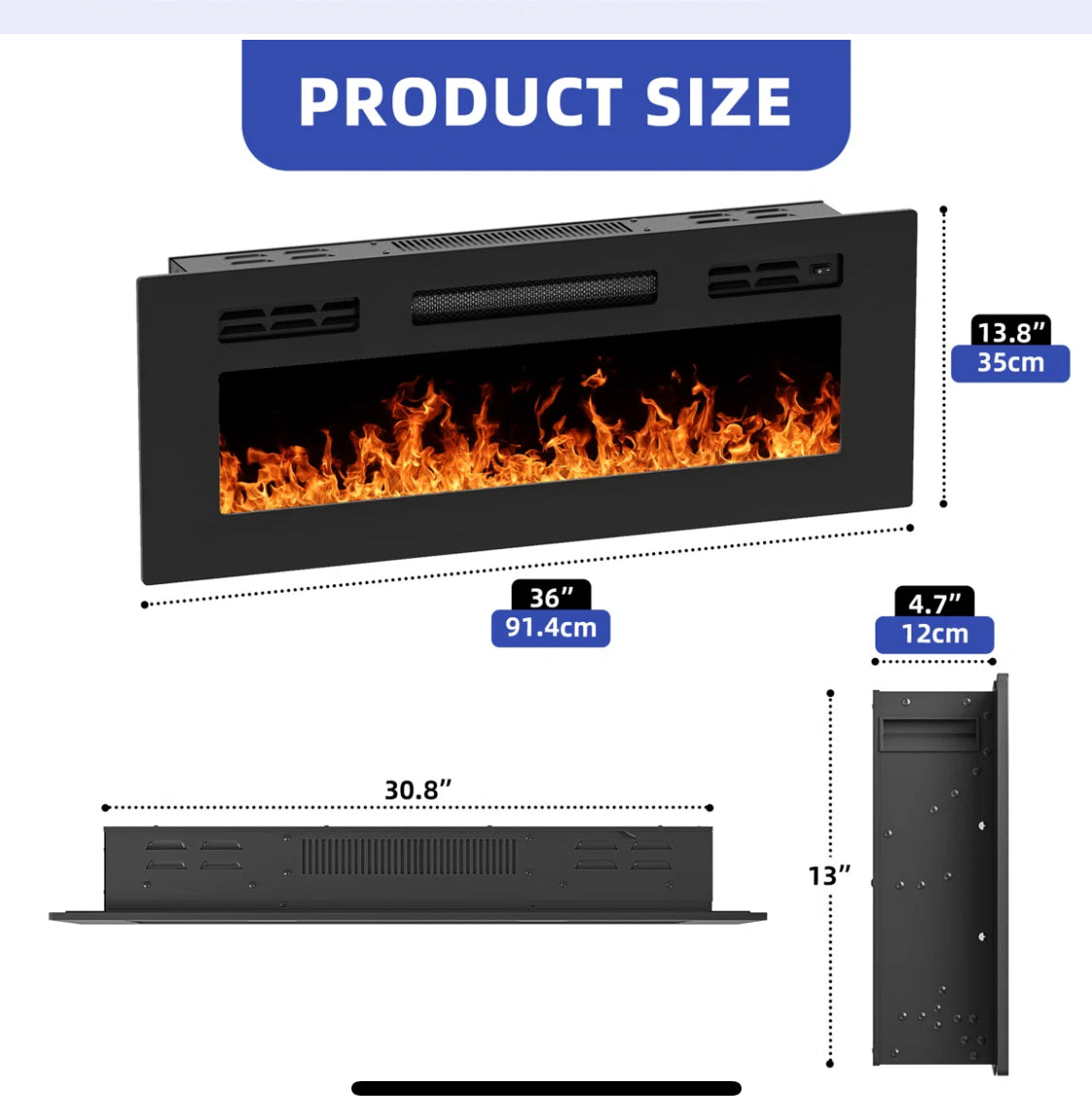 36" Modern Electric Fireplace With Remote Control and Adjustbale