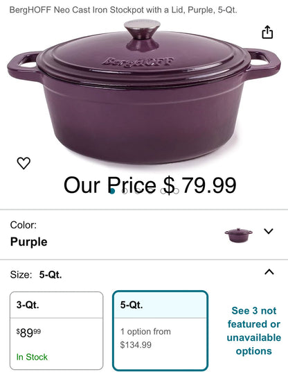 BergHOFF Neo 5 Qt. Purple Oval Cast Iron Casserole Dish with Lid