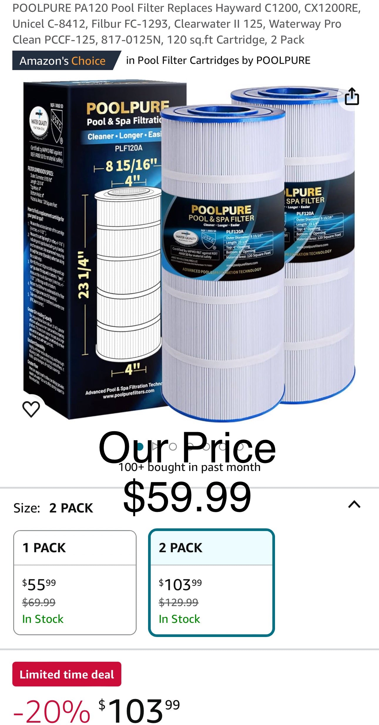 POOLPURE PA120 Pool Filter Replaces Hayward C1200, CX1200RE, Unicel C-8412, Filbur FC-1293, Clearwater II 125, Waterway Pro Clean PCCF-125, 817-0125N, 120 sq.ft Cartridge, 2 Pack