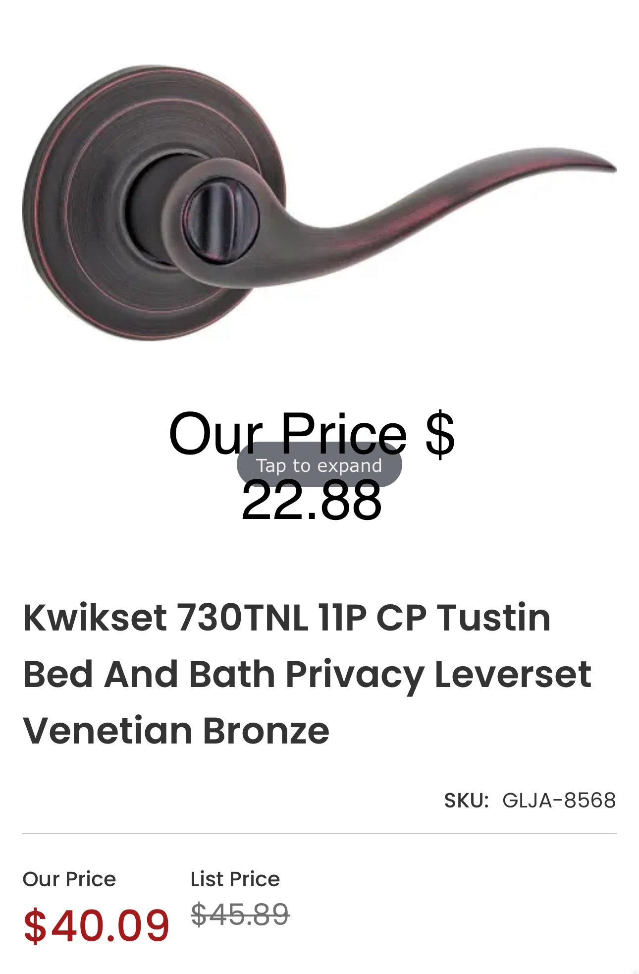 Kwikset 730TNL 11P CP Tustin Bed And Bath Privacy Leverset Venetian Bronze