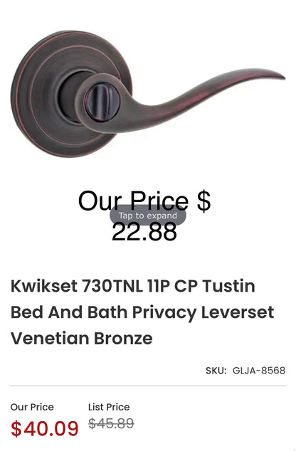 Kwikset 730TNL 11P CP Tustin Bed And Bath Privacy Leverset Venetian Bronze