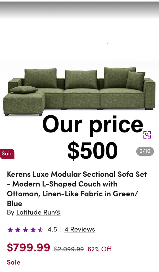 Kerens Luxe Modular Sectional Sofa Set
- Modern L-Shaped Couch with Ottoman, Linen-Like Fabric in Green/ Blue