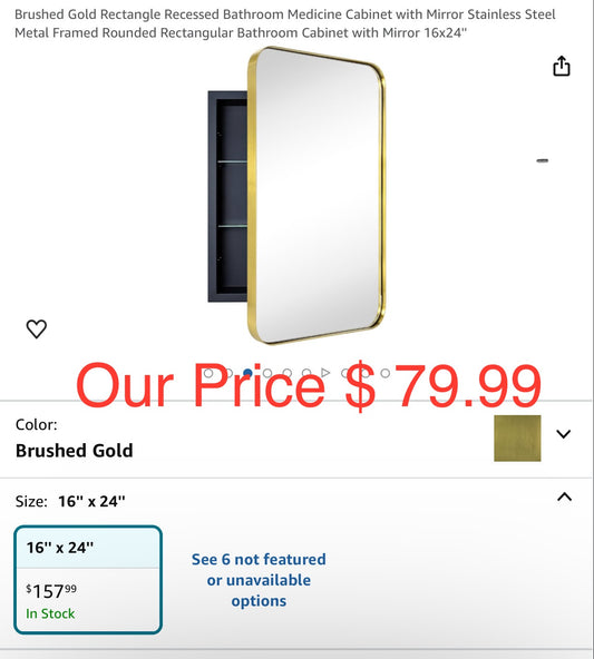 Brushed Gold Rectangle Recessed Bathroom Medicine Cabinet with Mirror Stainless Steel
Metal Framed Rounded Rectangular Bathroom Cabinet with Mirror 16x24"