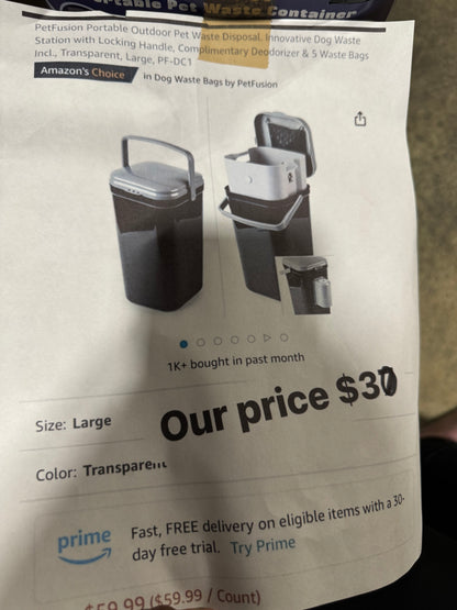 PetFusion Portable Indoor/Outdoor pet Waste Disposal. Innovative dog station with locking handle, complimentary deodorizer & 5 Waste Bag included, transparent, large