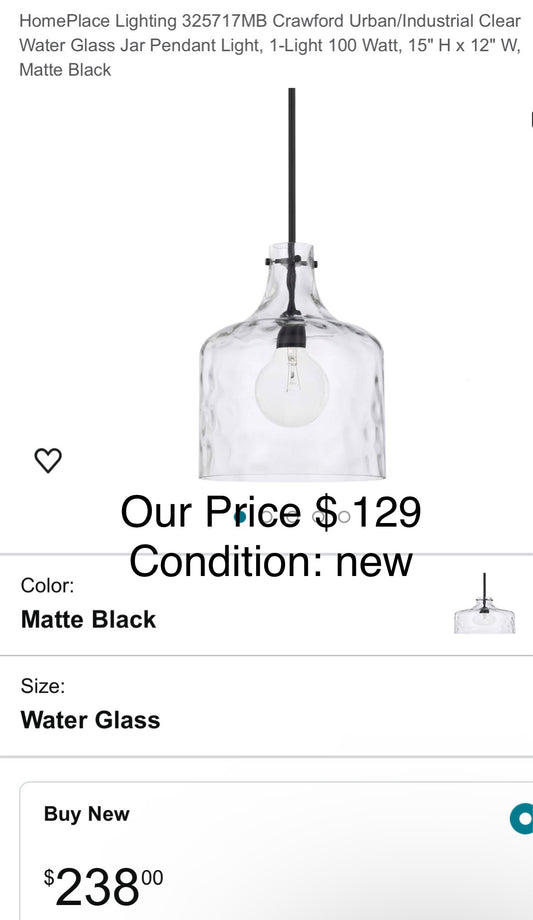 HomePlace Lighting 325717MB Crawford Urban/Industrial Clear Water Glass Jar Pendant Light, 1-Light 100 Watt, 15"H x 12"W, Matte Black