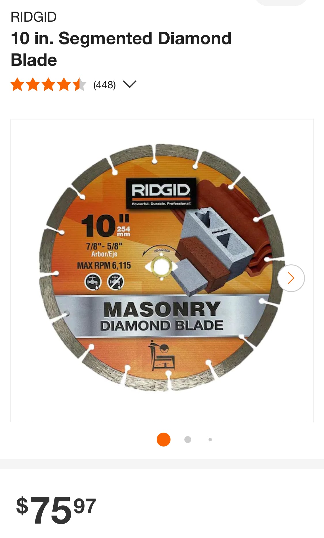 Ridgid 10"- 7/8"-5/8" Arbor Max RPM 6,115 Masonry Diamond Blade - Wet/Dry