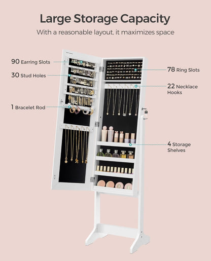 SONGMICS Mirror Jewelry Cabinet Armoire, Standing Full-Length Mirror, Lockable Jewelry Organizer, Chirstmas Gifts, White Surface and Black Lining UJJC69WT