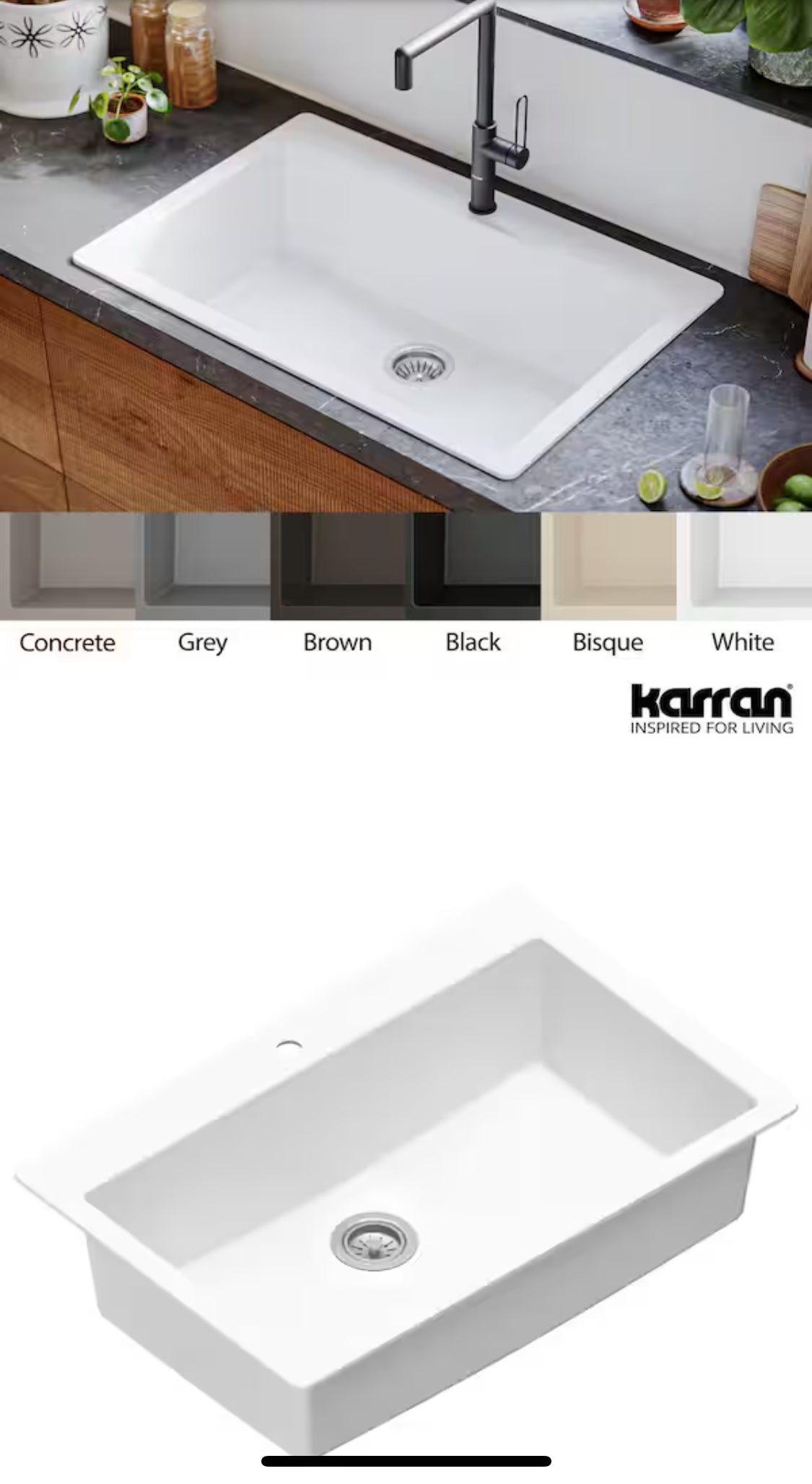 Karran
QT-812 Quartz 33 in. Large Single Bowl Drop-In Kitchen Sink in White