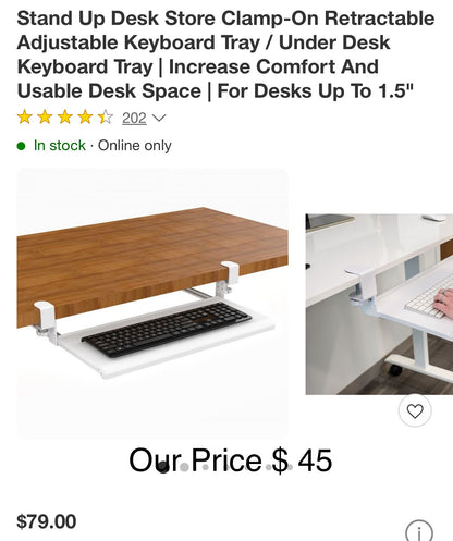 Stand Up Desk Store Clamp-On Retractable Adjustable Keyboard Tray / Under Desk Keyboard Tray | Increase Comfort And Usable Desk Space | For Desks Up To 1.5"