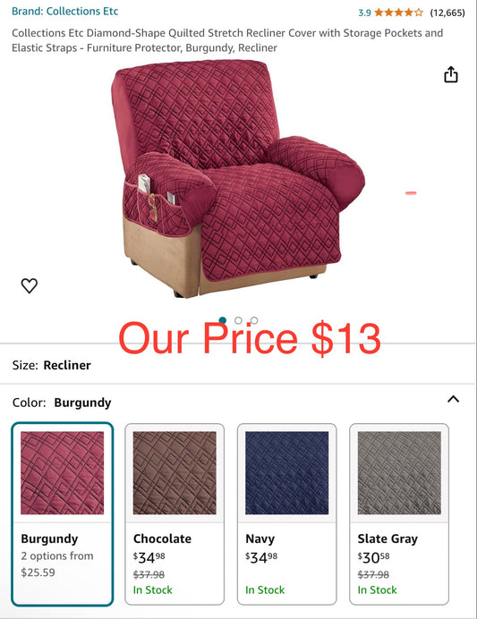 Collections Etc Diamond-Shape Quilted Stretch Recliner Cover with Storage Pockets and Elastic Straps - Furniture Protector, Burgundy, Recliner