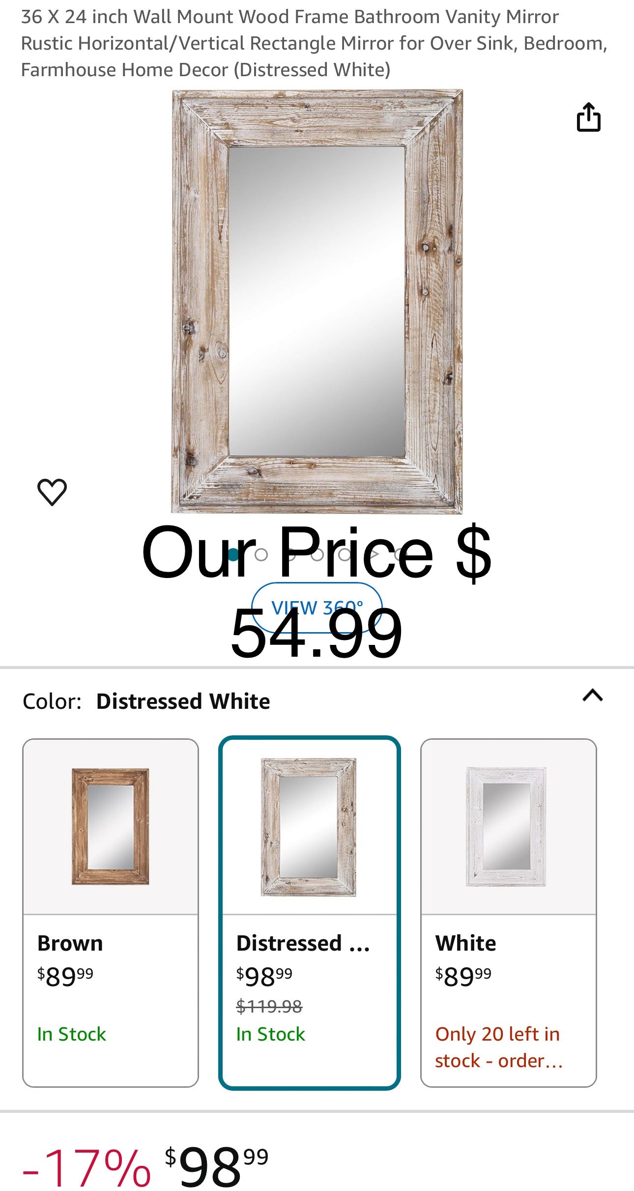 36 X 24 inch Wall Mount Wood Frame Bathroom Vanity Mirror Rustic Horizontal/Vertical Rectangle Mirror for Over Sink, Bedroom, Farmhouse Home Decor (Distressed White)