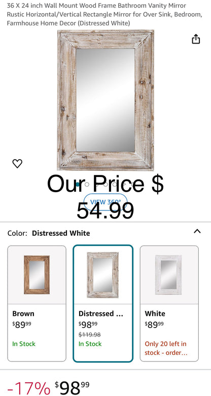 36 X 24 inch Wall Mount Wood Frame Bathroom Vanity Mirror Rustic Horizontal/Vertical Rectangle Mirror for Over Sink, Bedroom, Farmhouse Home Decor (Distressed White)