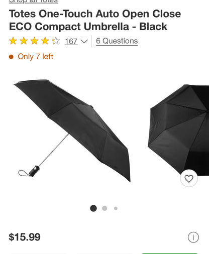 Totes One-Touch Auto Open Close ECO Compact Umbrella - Black