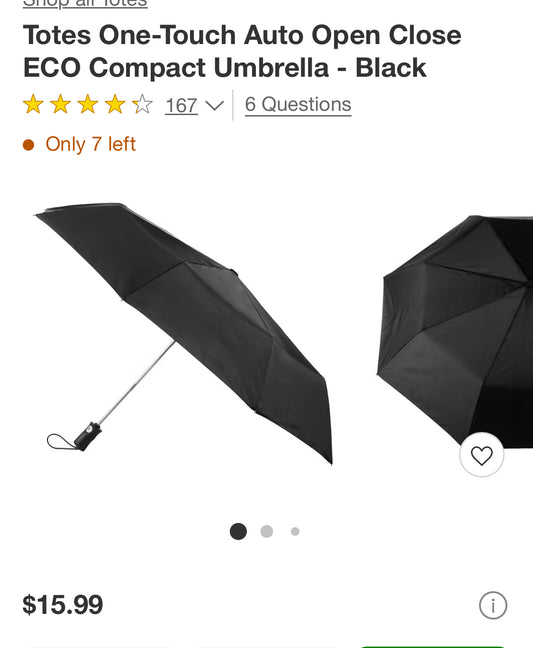 Totes One-Touch Auto Open Close ECO Compact Umbrella - Black