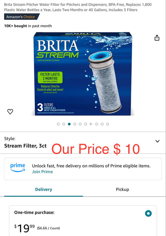 Brita Stream Pitcher Water Filter for Pitchers and Dispensers, BPA-Free, Replaces 1,800 Plastic Water Bottles a Year, Lasts Two Months or 40 Gallons, Includes 3 Filters