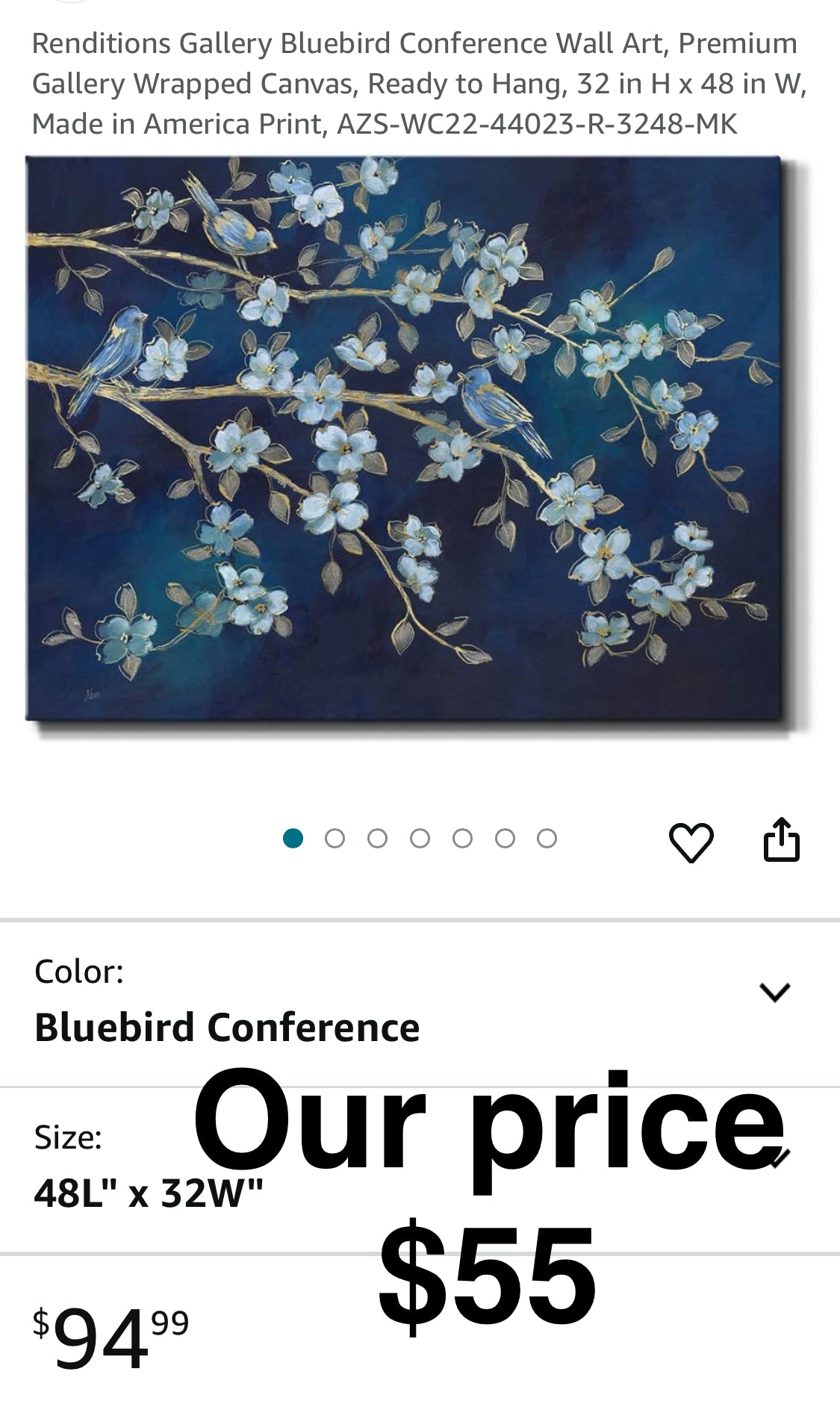 Renditions Gallery Bluebird Conference Wall Art, Premium Gallery Wrapped Canvas, Ready to Hang, 32 in H x 48 in W, Made in America Print, AZS-WC22-44023-R-3248-MK