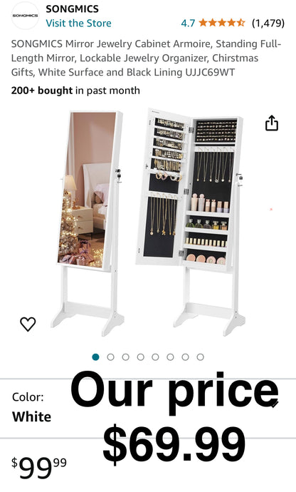 SONGMICS Mirror Jewelry Cabinet Armoire, Standing Full-Length Mirror, Lockable Jewelry Organizer, Chirstmas Gifts, White Surface and Black Lining UJJC69WT