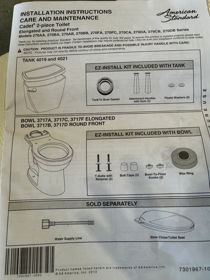 American Standard - 2 piece toilet cadet Tank 4019 and 4021