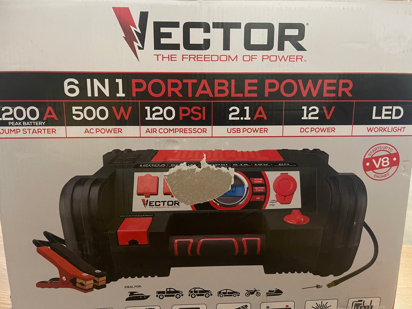 VECTOR
1200 Peak Amp Automotive Jump Starter, Portable Power - 10W USB Port, 500W Inverter, 120 PSI Air Compressor