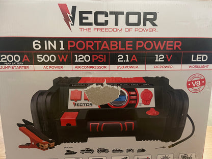 VECTOR
1200 Peak Amp Automotive Jump Starter, Portable Power - 10W USB Port, 500W Inverter, 120 PSI Air Compressor