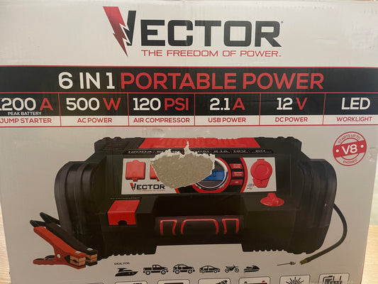 VECTOR
1200 Peak Amp Automotive Jump Starter, Portable Power - 10W USB Port, 500W Inverter, 120 PSI Air Compressor