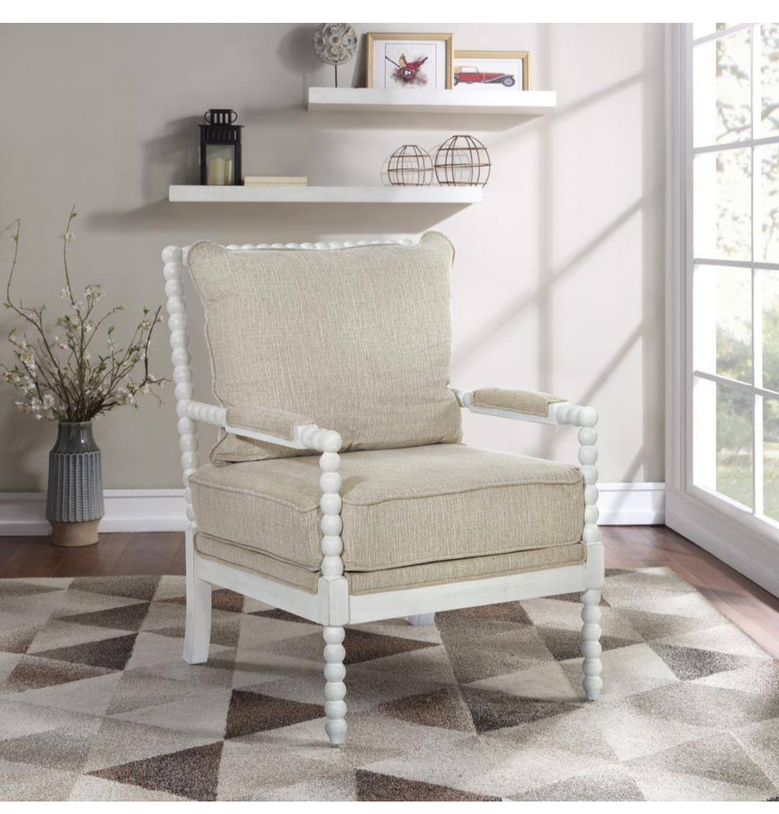 OSP Home Furnishings Kaylee Spindle Accent Chair with Antique White Wood Frame, Beige Linen Fabric