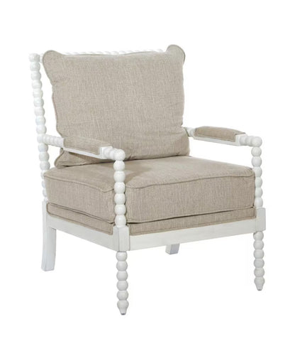 OSP Home Furnishings Kaylee Spindle Accent Chair with Antique White Wood Frame, Beige Linen Fabric